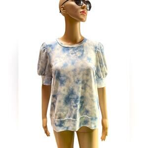 AUW Tie Dye Puff Sleeve Shirt Womens M Blue White Elegant Classy Stylish